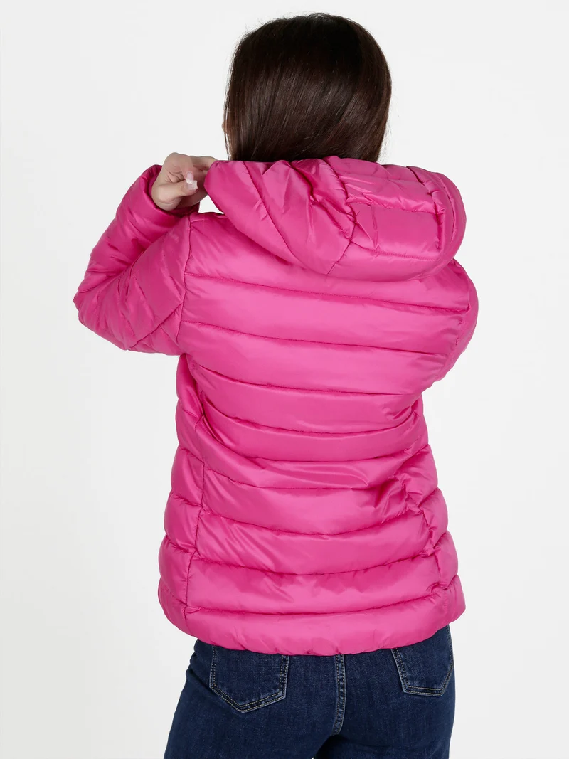 Piumino donna con cappuccio e zip - fucsia