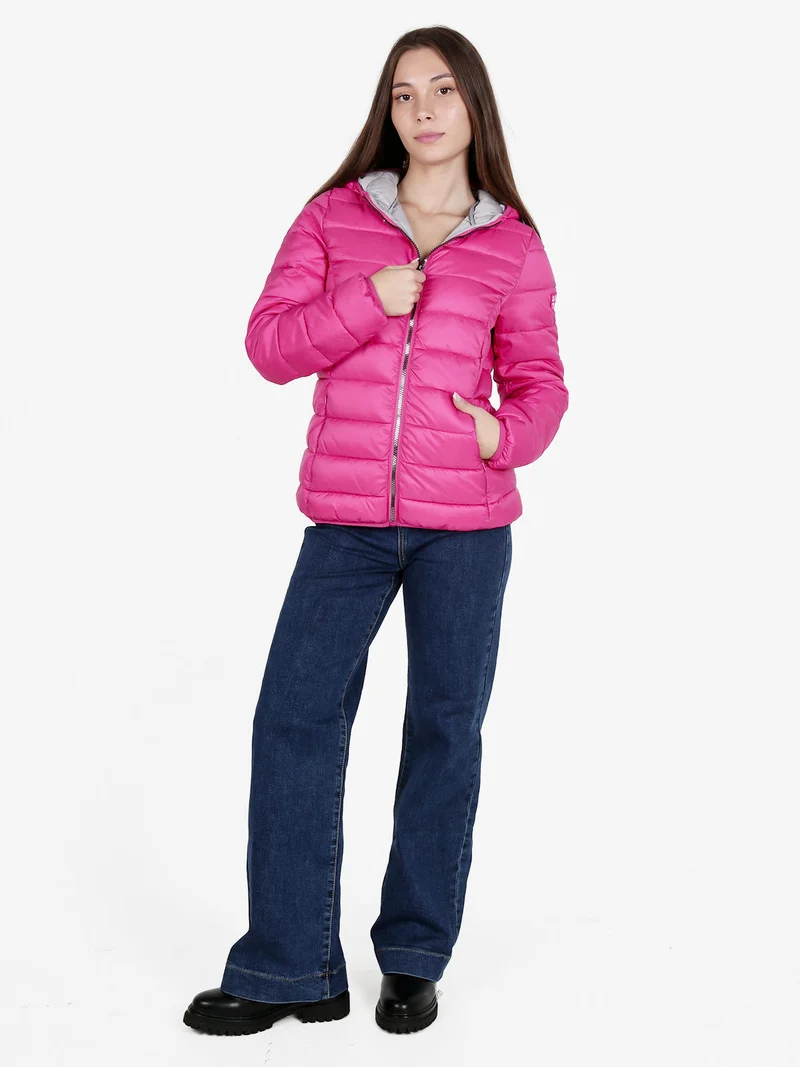 Piumino donna con cappuccio e zip - fucsia