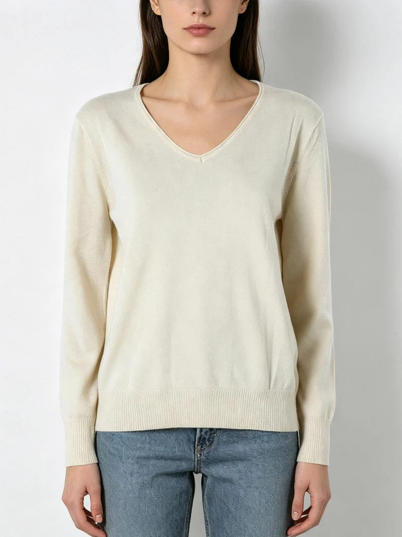 Pullover donna in maglia con scollo a V e lurex - beige