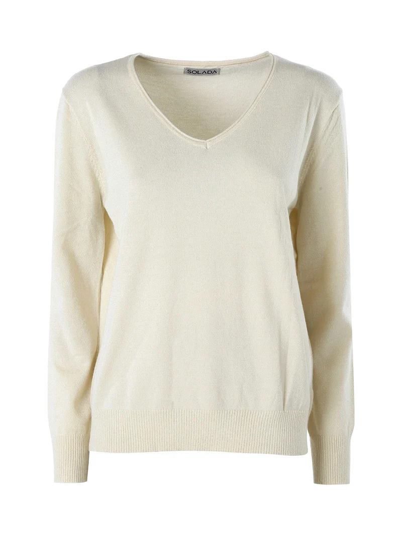 Pullover donna in maglia con scollo a V e lurex - beige