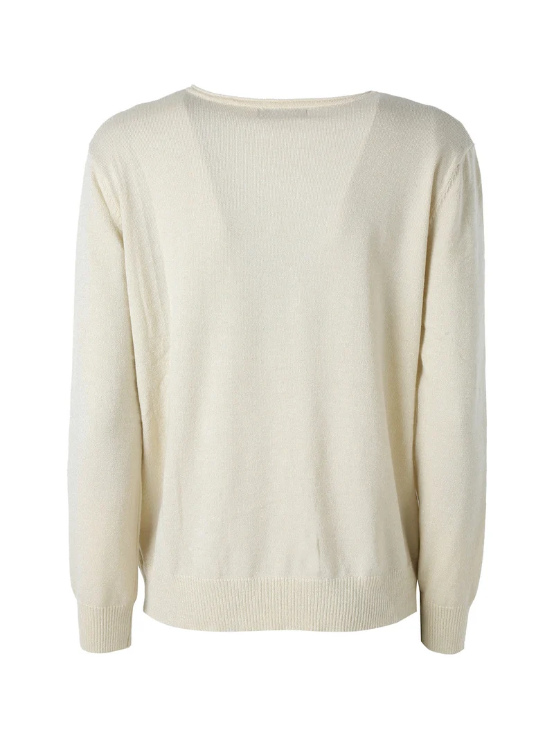 Pullover donna in maglia con scollo a V e lurex - beige