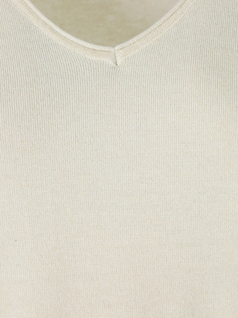 Pullover donna in maglia con scollo a V e lurex - beige