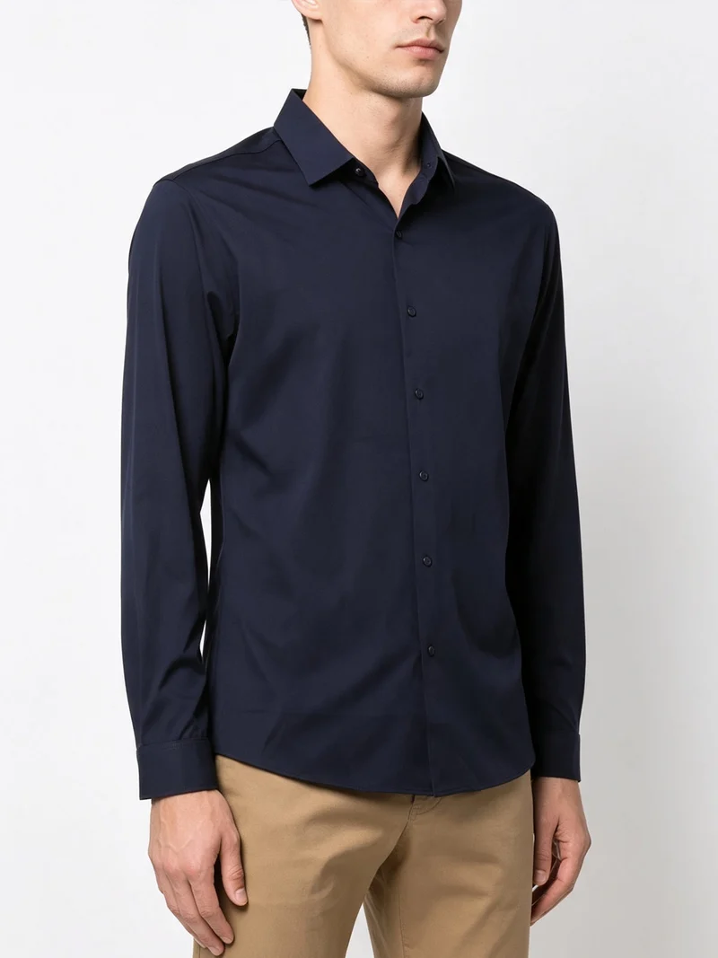 Camicia da uomo a maniche lunghe in tessuto elasticizzato - blu scuro