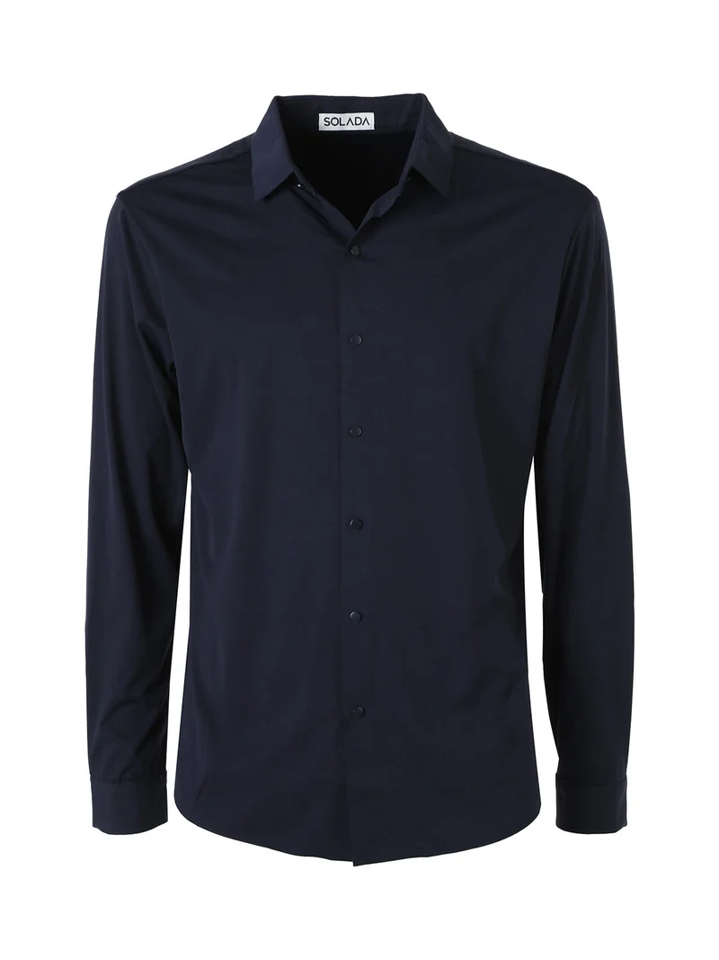 Camicia da uomo a maniche lunghe in tessuto elasticizzato - blu scuro