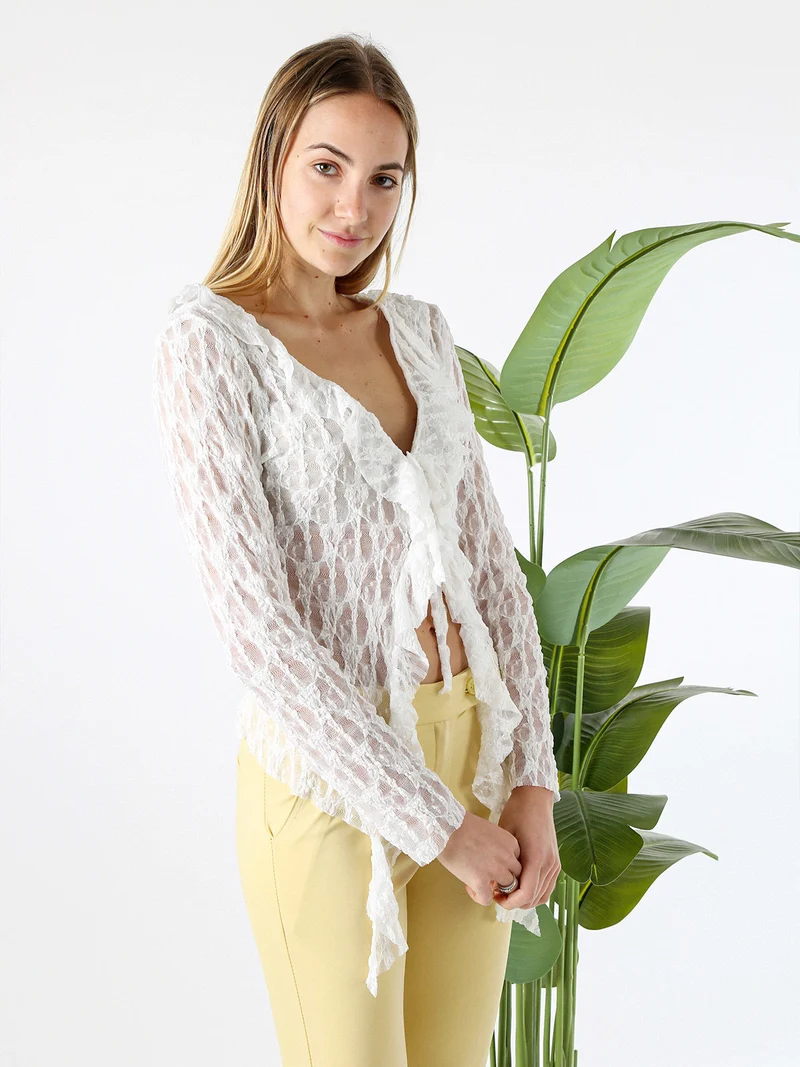 Camicetta donna in pizzo con laccetti a maniche lunghe - bianco