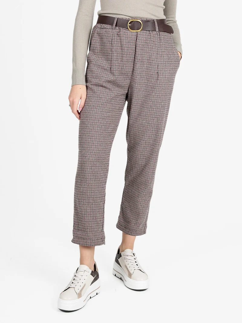 Pantaloni scozzesi da donna con cintura - khaki