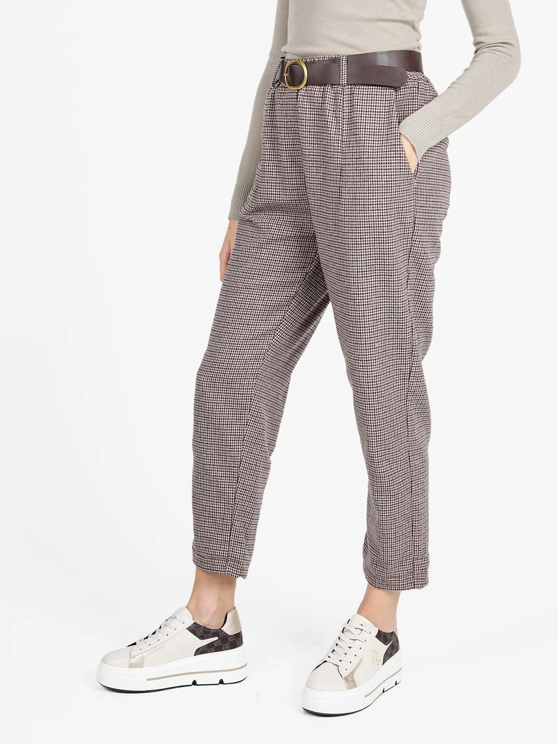Pantaloni scozzesi da donna con cintura - khaki