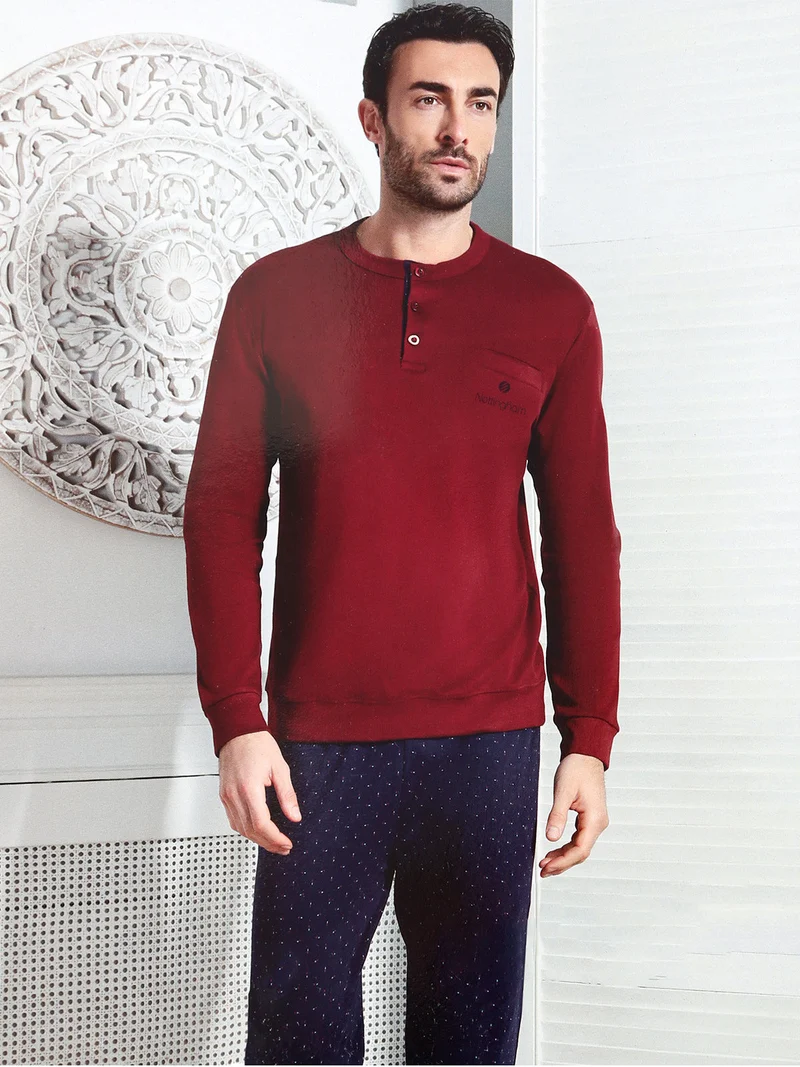 Pigiama lungo da uomo in cotone interlock con taschino - bordeaux