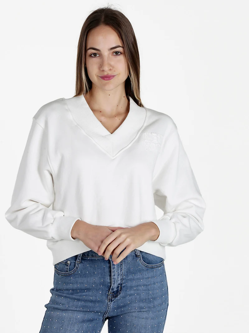 Felpa cropped da donna con scollo a V - bianco