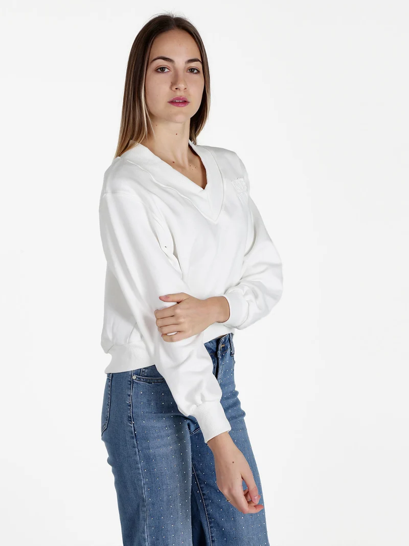 Felpa cropped da donna con scollo a V - bianco