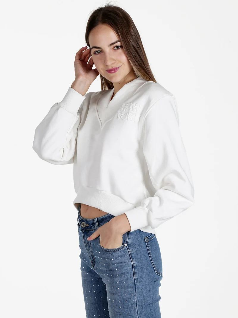 Felpa cropped da donna con scollo a V - bianco
