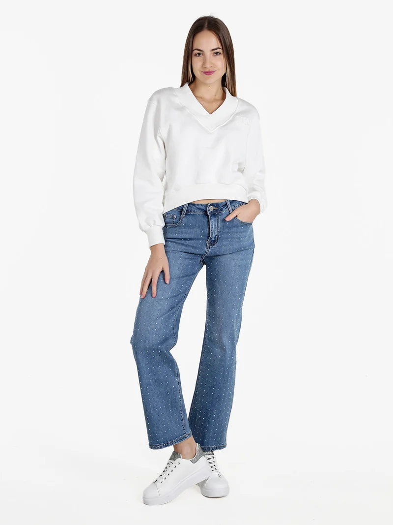Felpa cropped da donna con scollo a V - bianco