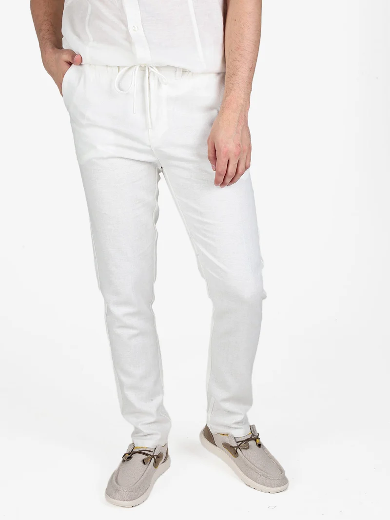 Pantaloni da uomo in misto lino con coulisse - panna