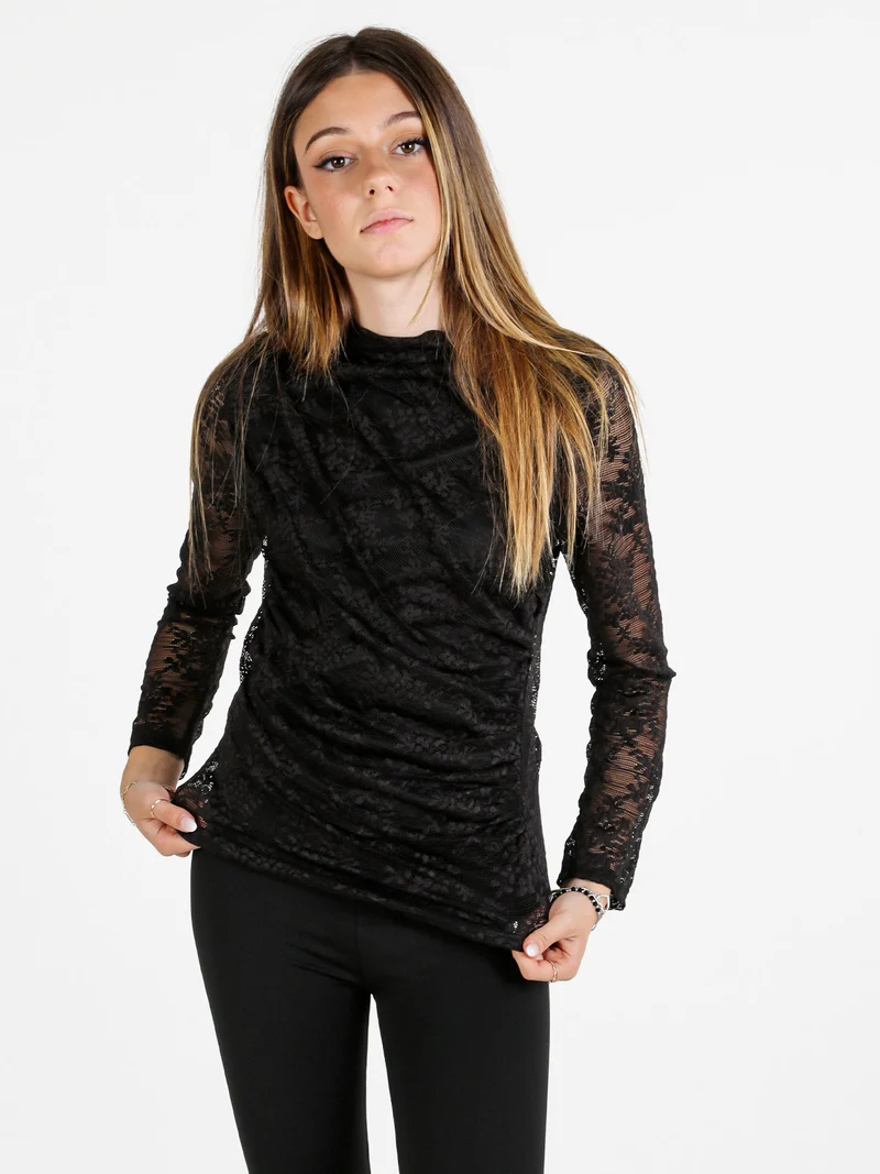 Maglietta donna a maniche lunghe in pizzo con arricciatura - nero