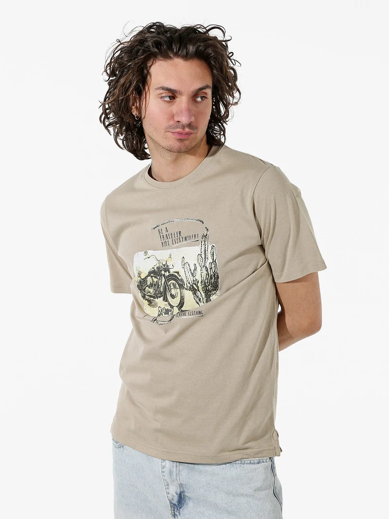 T-shirt in cotone da uomo con stampa - sabbia