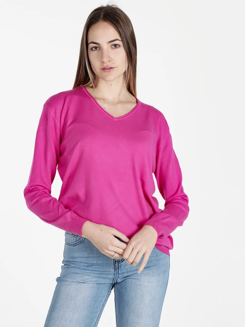 Pullover donna in maglia con scollo V - fucsia
