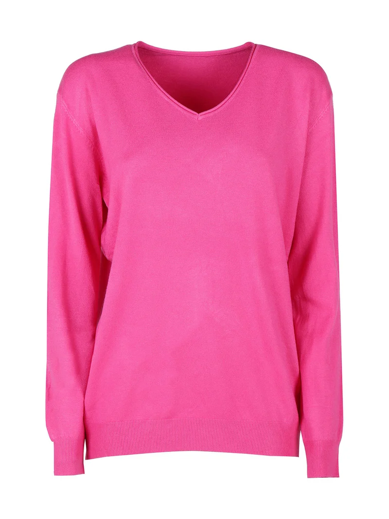 Pullover donna in maglia con scollo V - fucsia