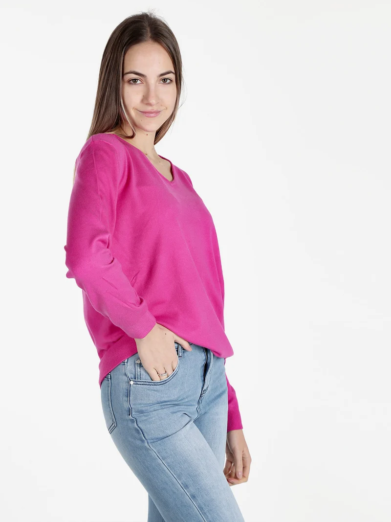 Pullover donna in maglia con scollo V - fucsia