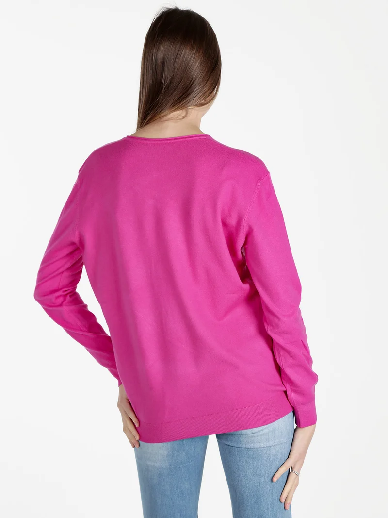 Pullover donna in maglia con scollo V - fucsia