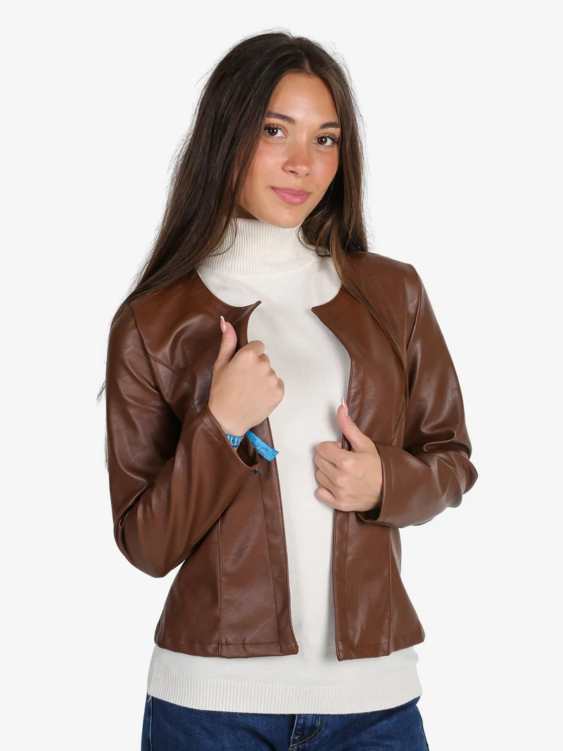 Blazer donna aperto in ecopelle - marrone