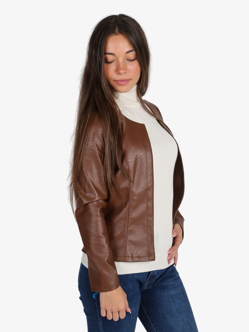 Blazer donna aperto in ecopelle - marrone
