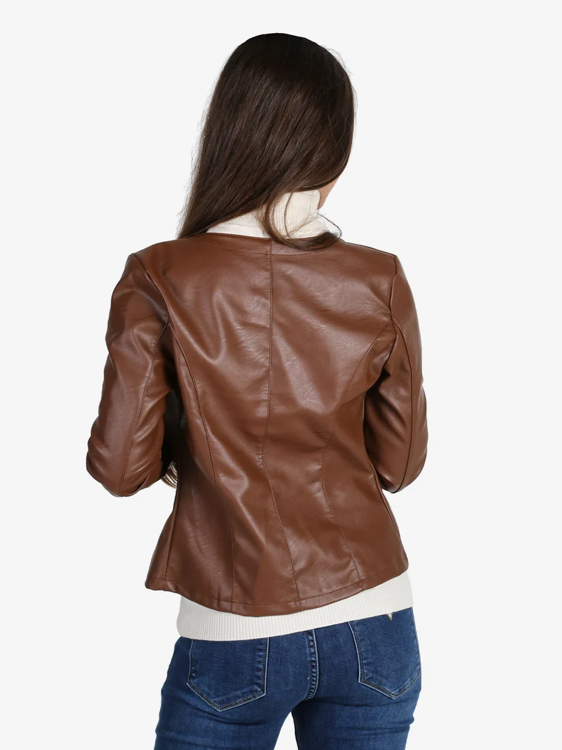Blazer donna aperto in ecopelle - marrone