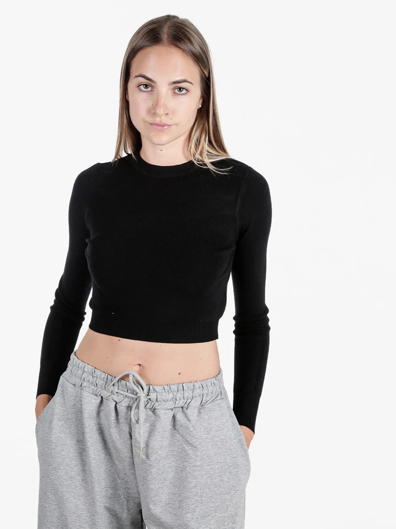 Maglia donna cropped a costine - nero