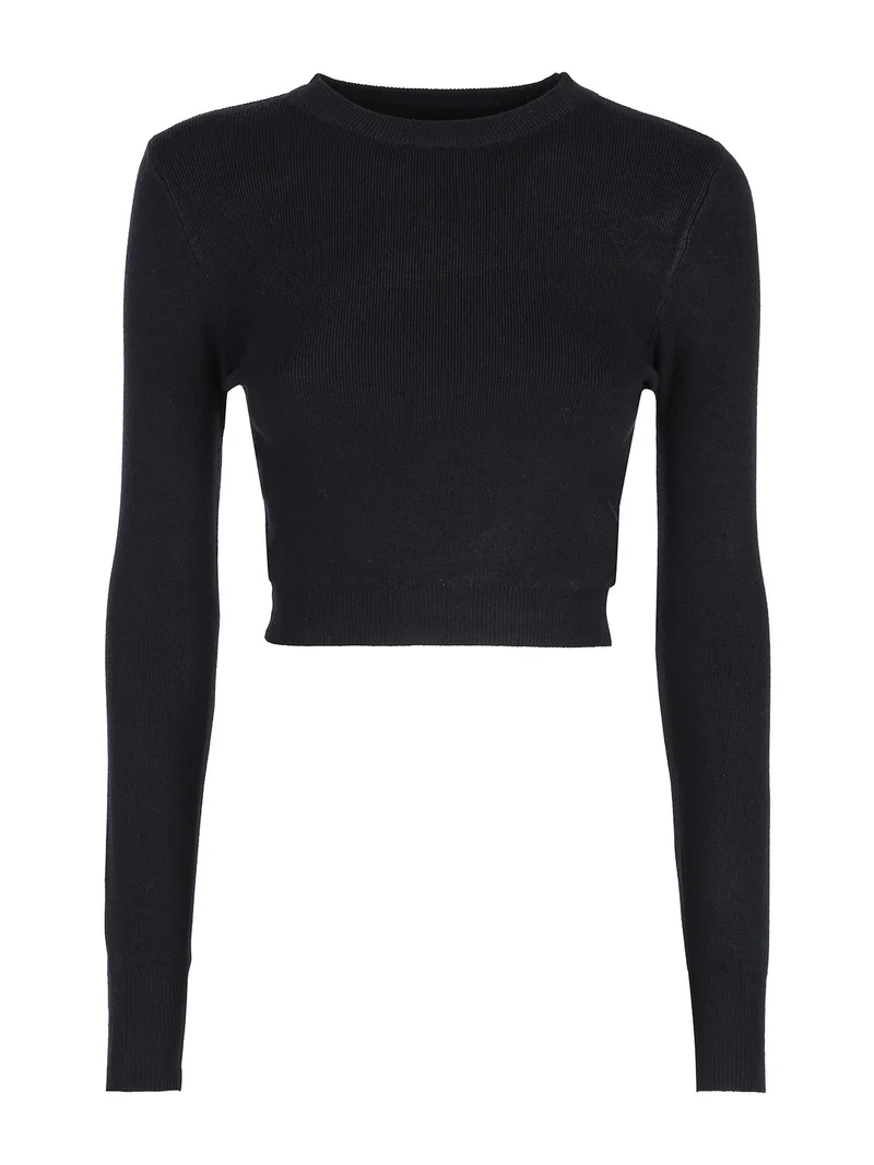 Maglia donna cropped a costine - nero