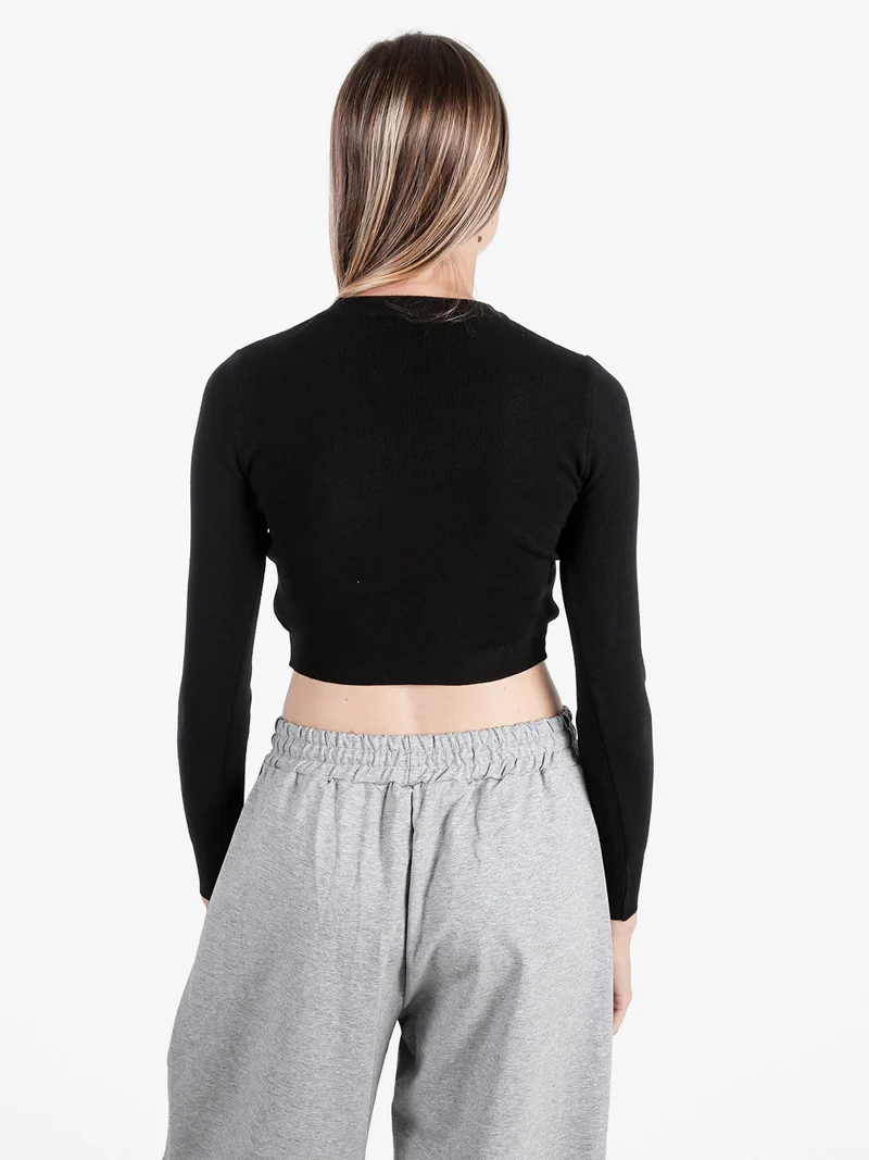 Maglia donna cropped a costine - nero