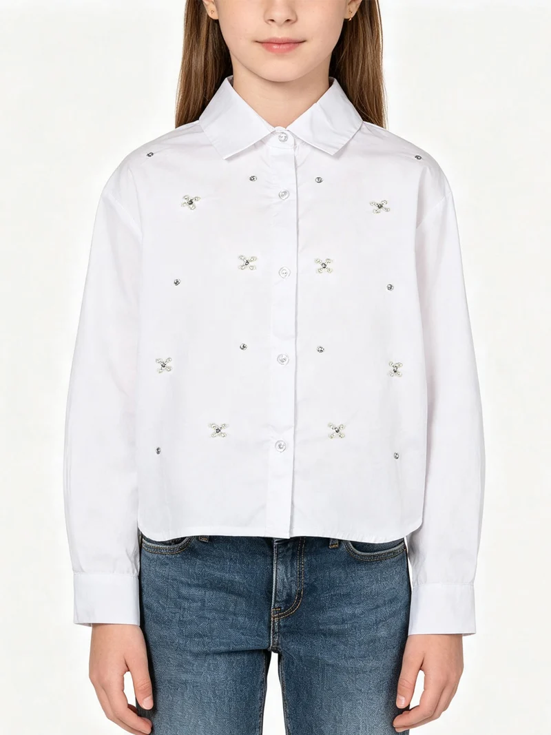 Camicia da bambina in cotone con perle e strass a maniche lunghe - bianco