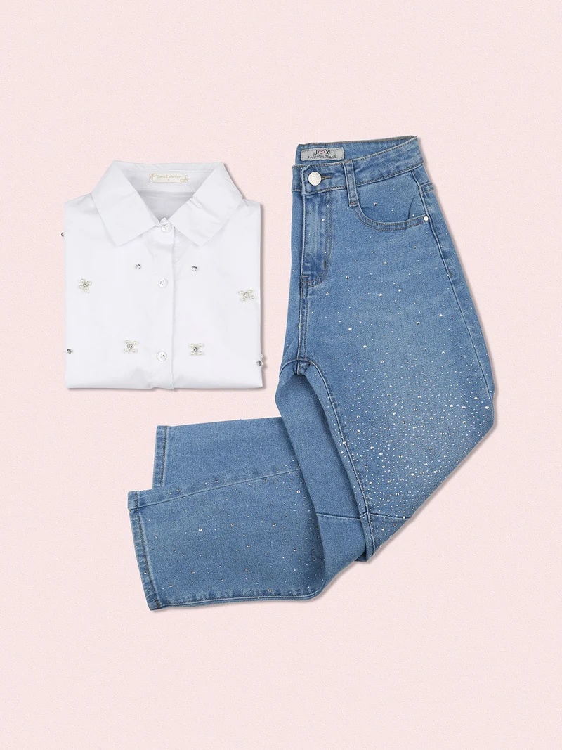 Camicia da bambina in cotone con perle e strass a maniche lunghe - bianco