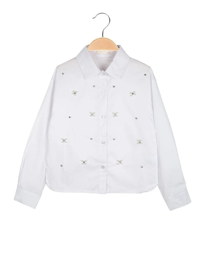 Camicia da bambina in cotone con perle e strass a maniche lunghe - bianco