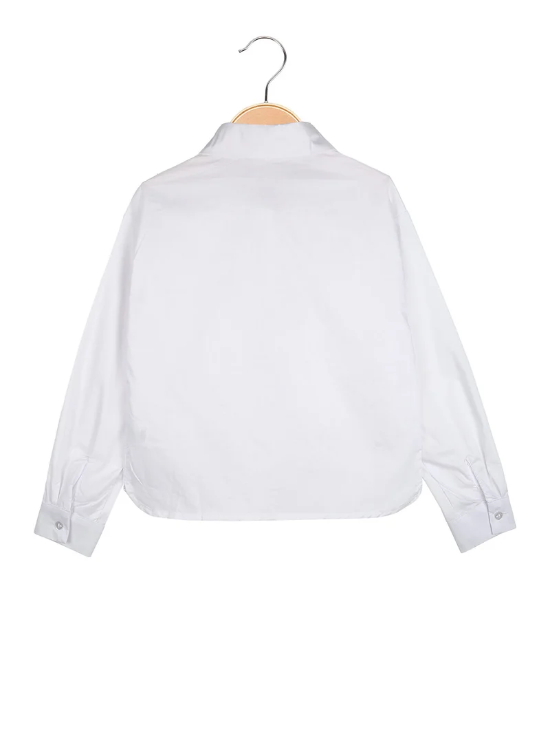 Camicia da bambina in cotone con perle e strass a maniche lunghe - bianco