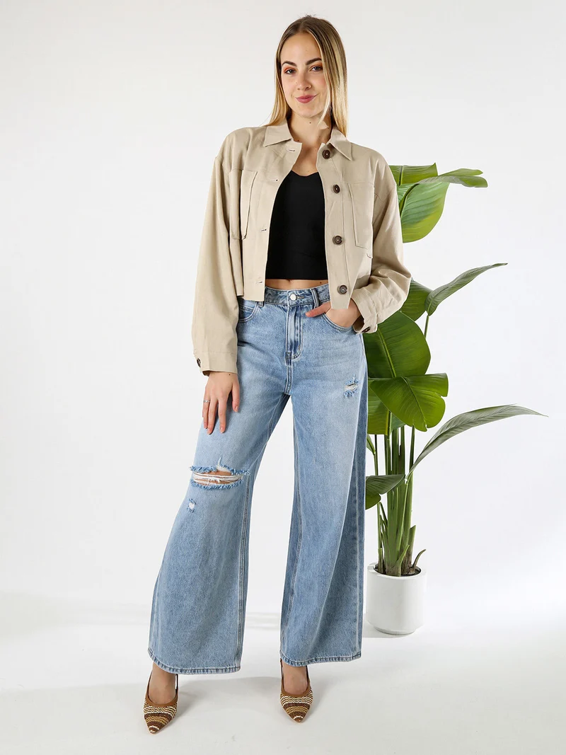 Giacca oversize da donna in misto cotone e lino - khaki
