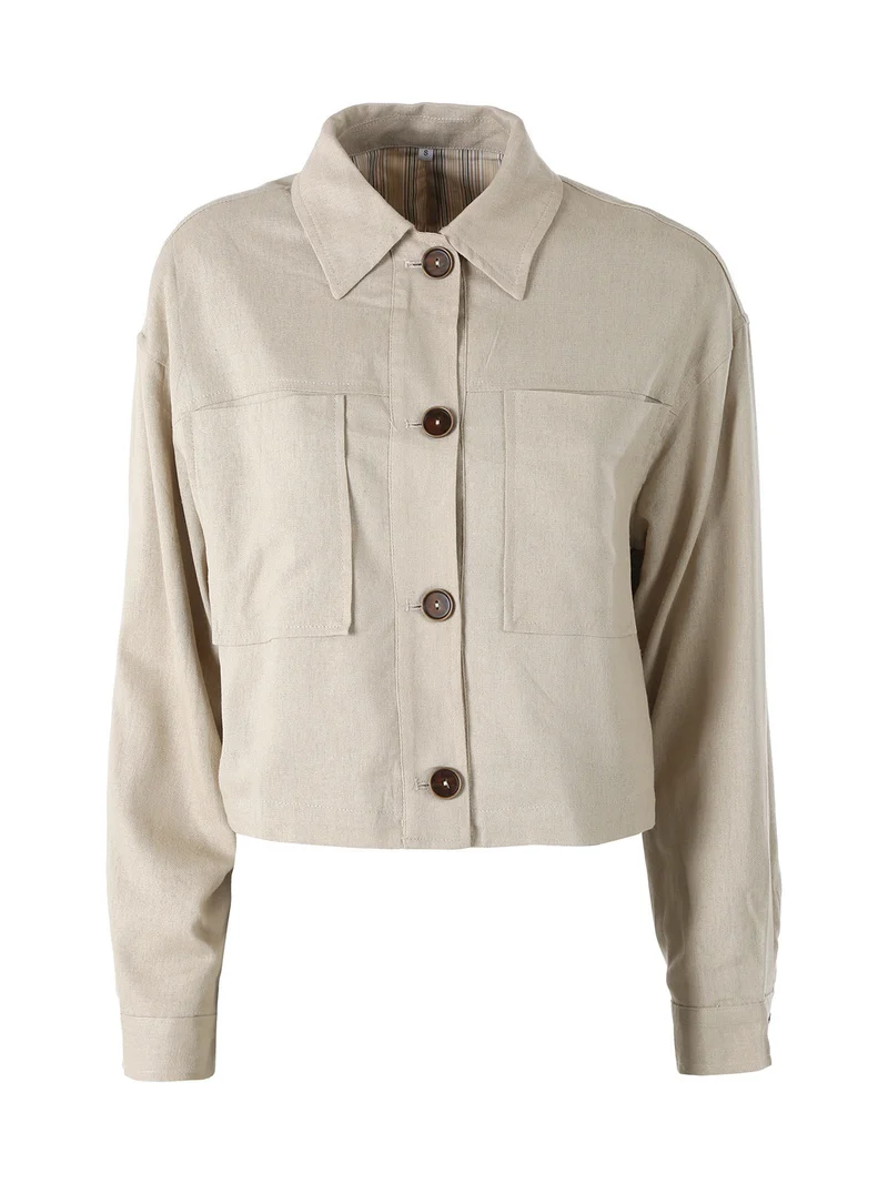 Giacca oversize da donna in misto cotone e lino - khaki