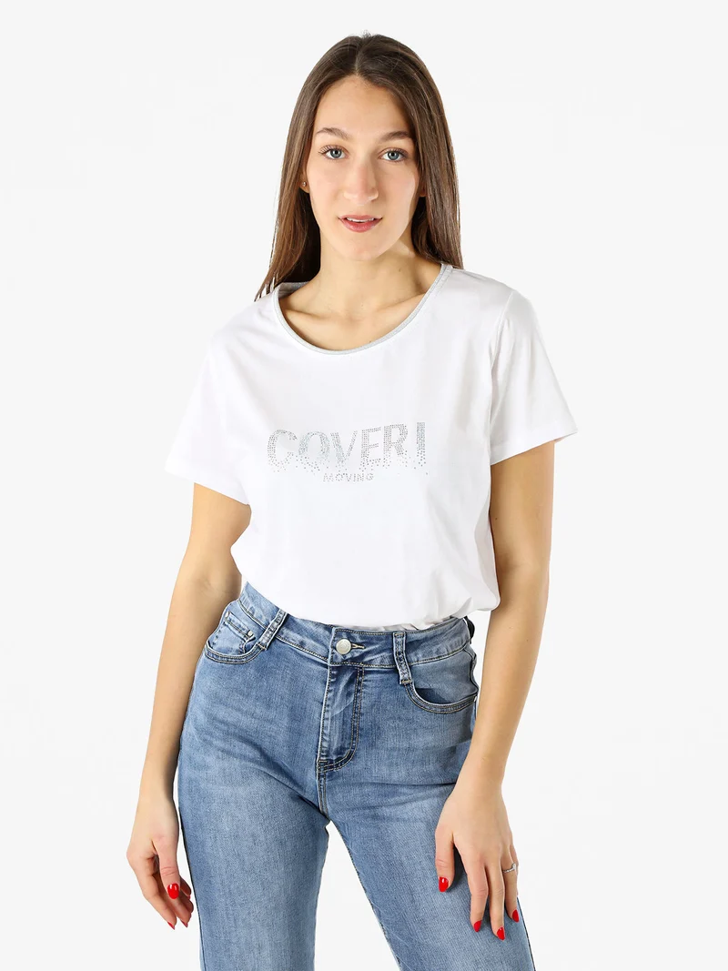 T-shirt donna in cotone con strass - bianco