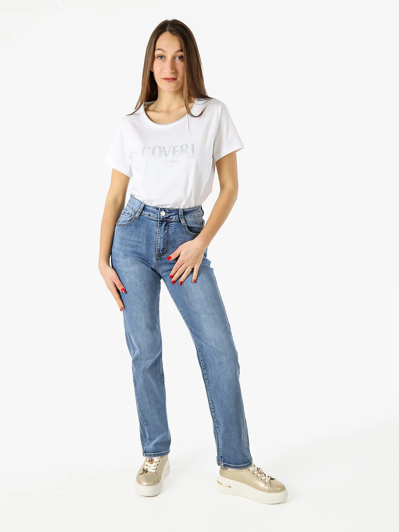 T-shirt donna in cotone con strass - bianco