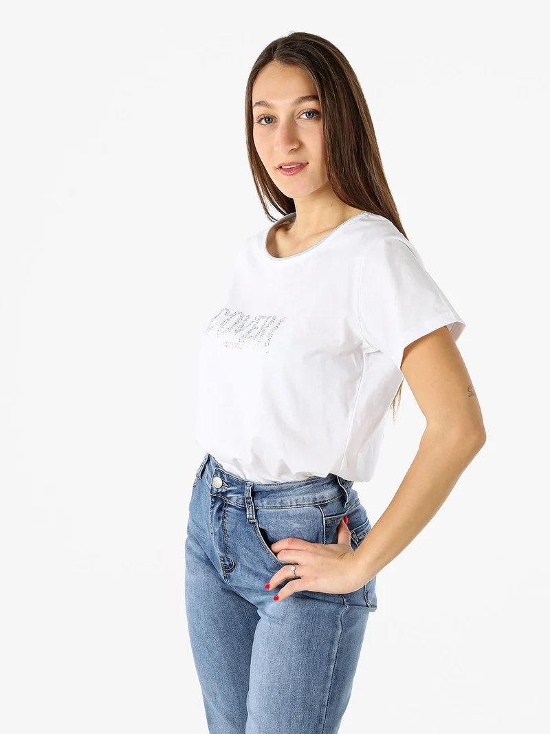 T-shirt donna in cotone con strass - bianco