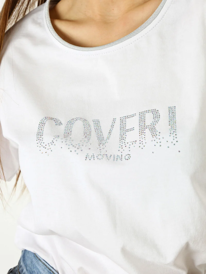 T-shirt donna in cotone con strass - bianco