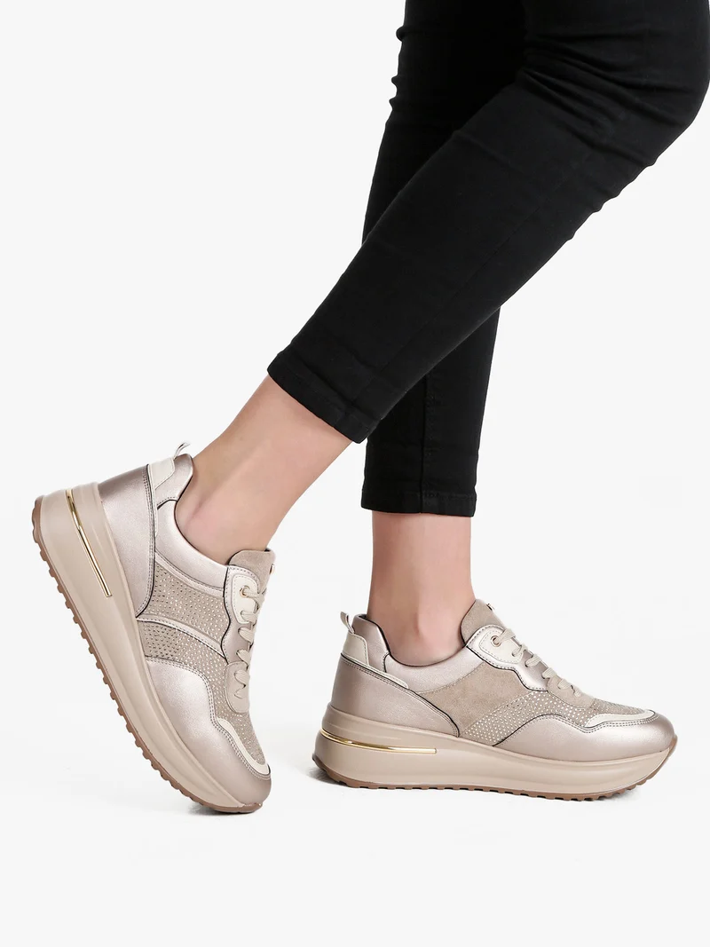 Sneakers donna con strass e platform - beige