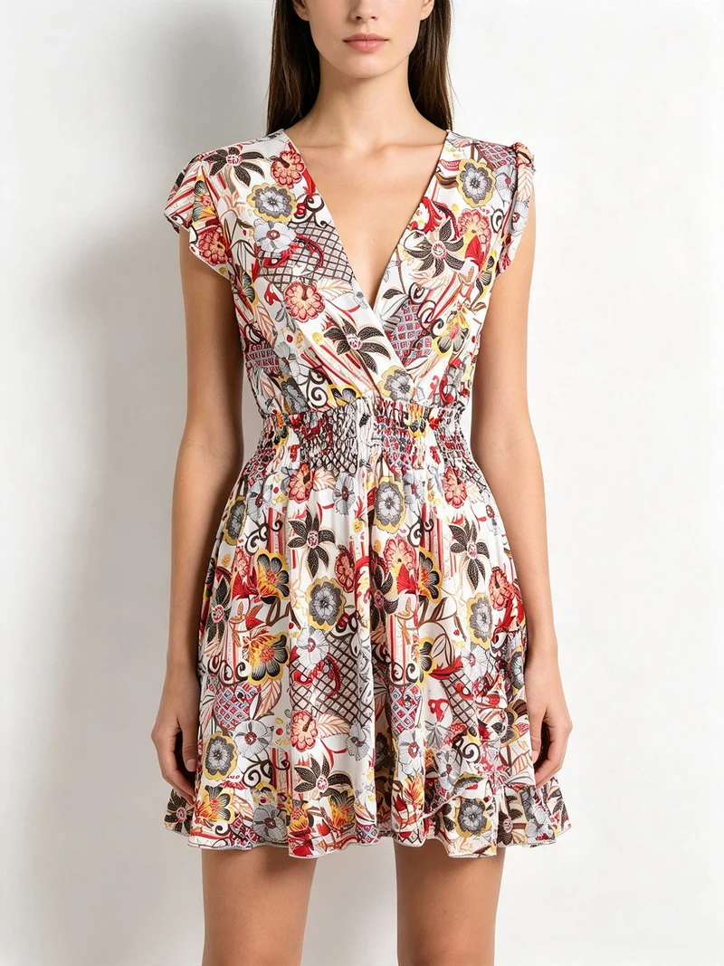 Vestito donna in cotone a maniche corte con stampe colorate - bianco