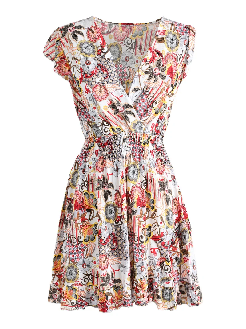 Vestito donna in cotone a maniche corte con stampe colorate - bianco
