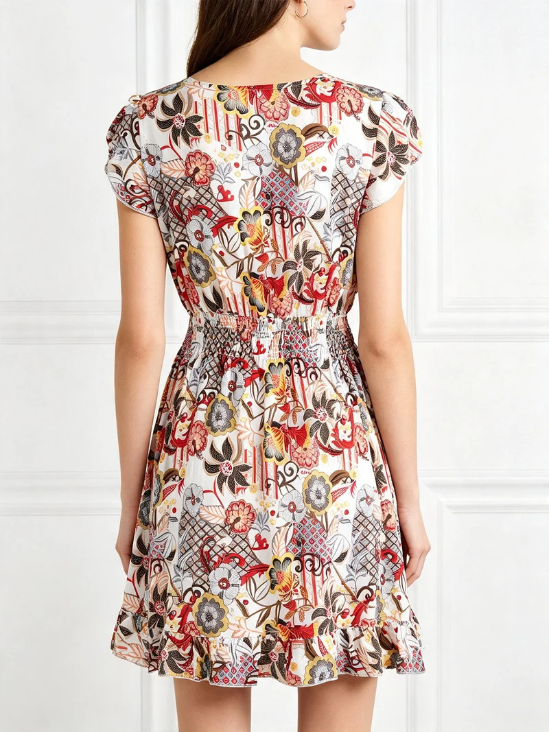 Vestito donna in cotone a maniche corte con stampe colorate - bianco
