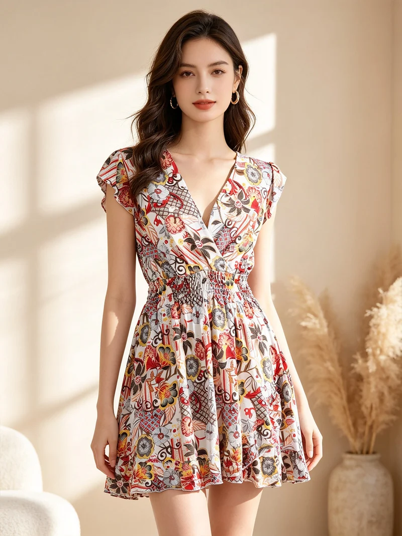Vestito donna in cotone a maniche corte con stampe colorate - bianco