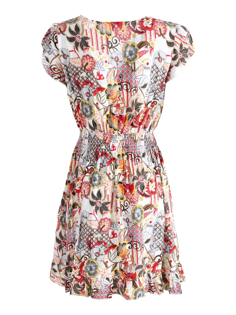 Vestito donna in cotone a maniche corte con stampe colorate - bianco