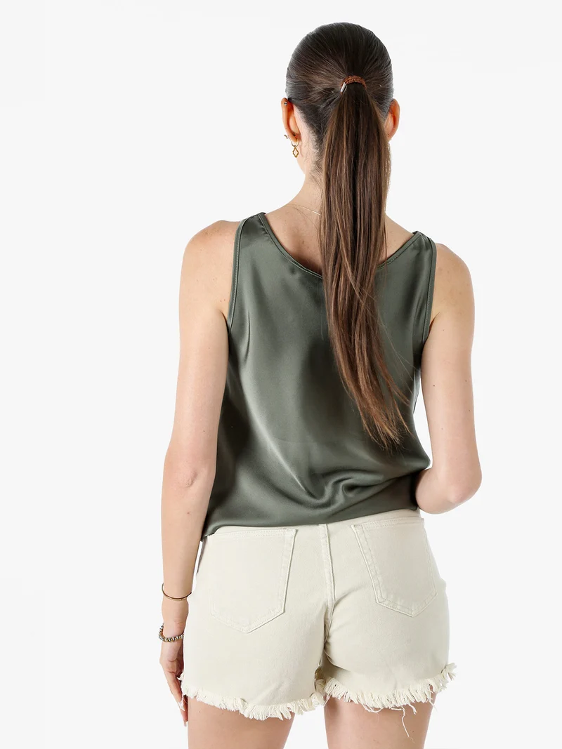Top donna smanicato con scollo a cascata in tessuto effetto raso - verde