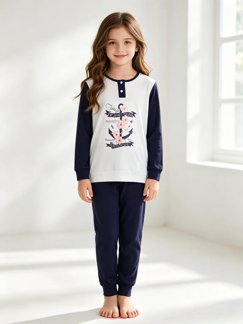 Pigiama lungo da bambina in cotone - blu scuro