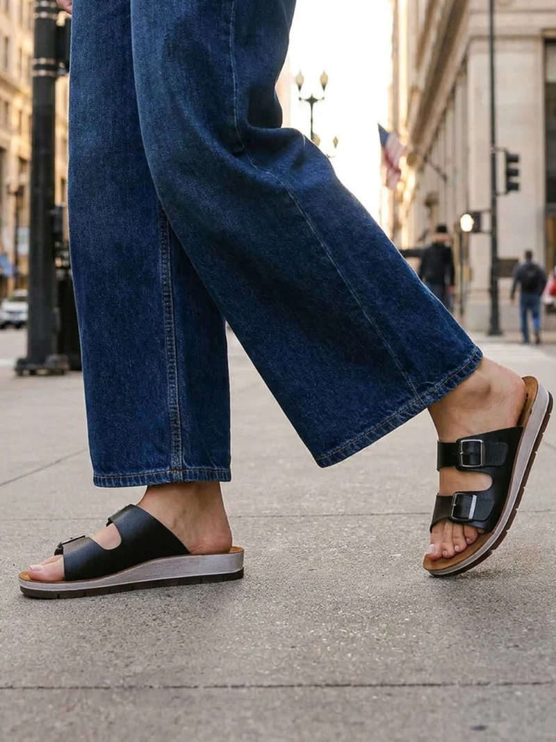 Ciabatte donna con doppia fascia e fibbie - nero