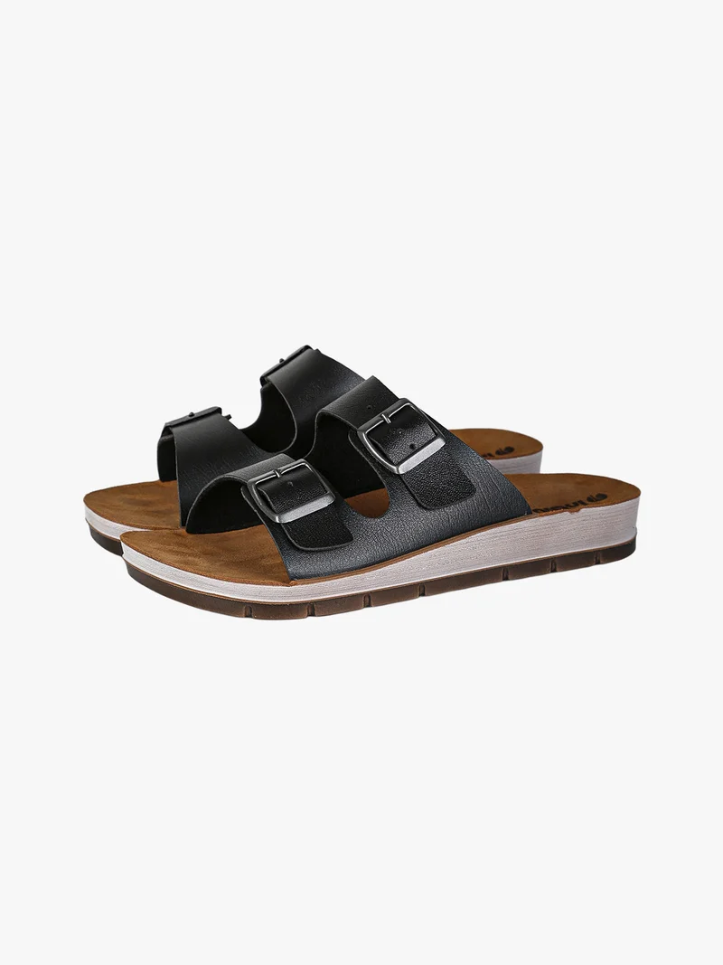 Ciabatte donna con doppia fascia e fibbie - nero