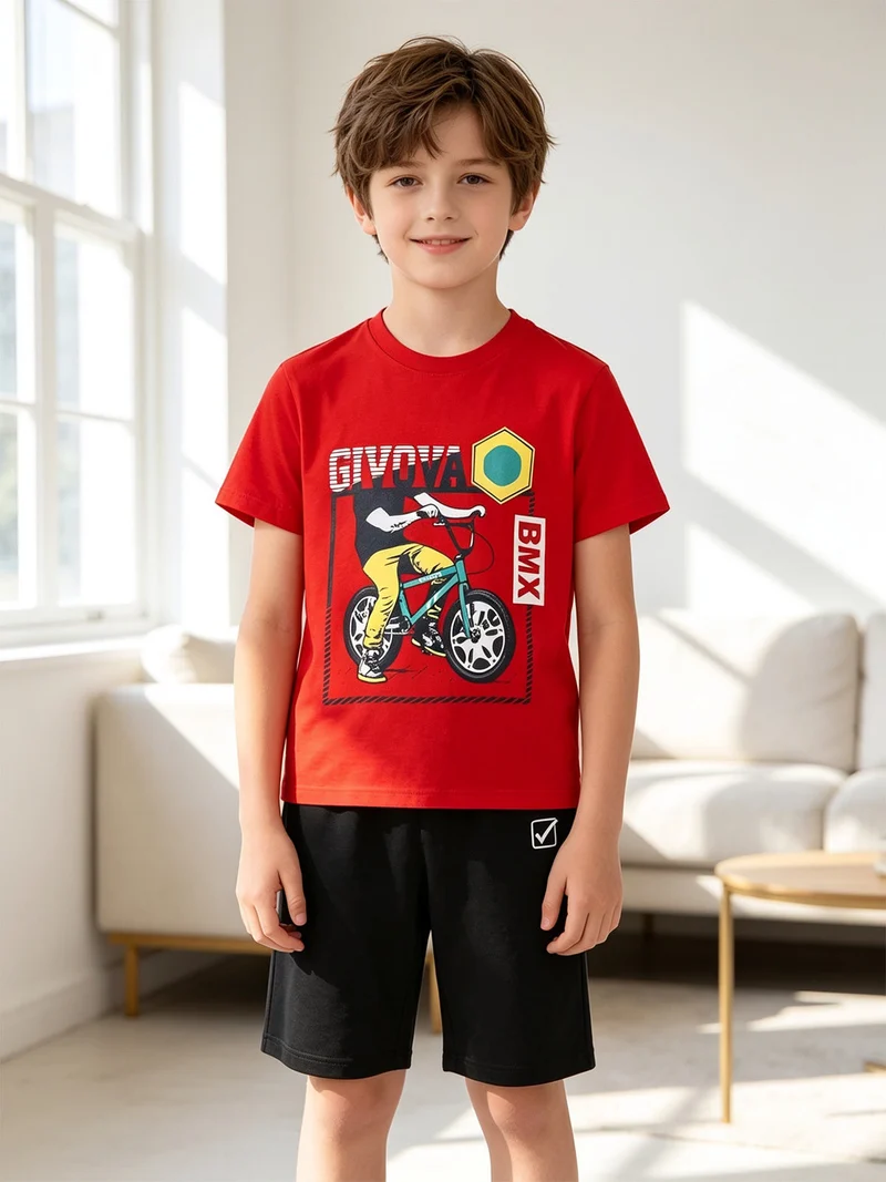 Completo corto da ragazzo in cotone con t-shirt e bermuda - rosso